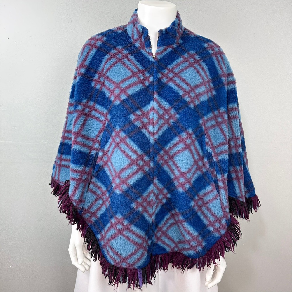 Vintage Fleece Poncho Womens OS Blue Purple Plaid Fringe Zip Neck 60s 70s Retro